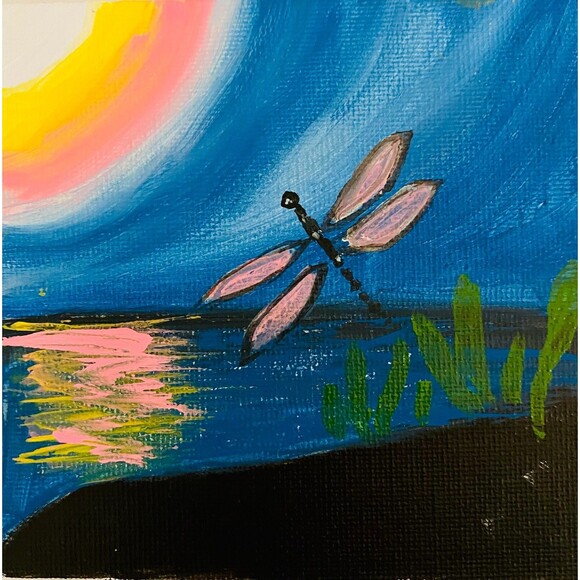 Dragonfly Painting Original Art 4x4 Insect Sunset Art Nursery  Canvas Acrylic - Picture 1 of 4